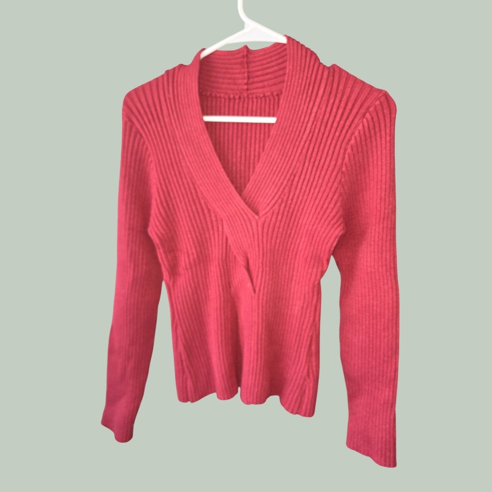Ribbed Knit Wrap V-Neck Sweater Womens Size 6 Burgundy Red NEW Long Sleeve Top